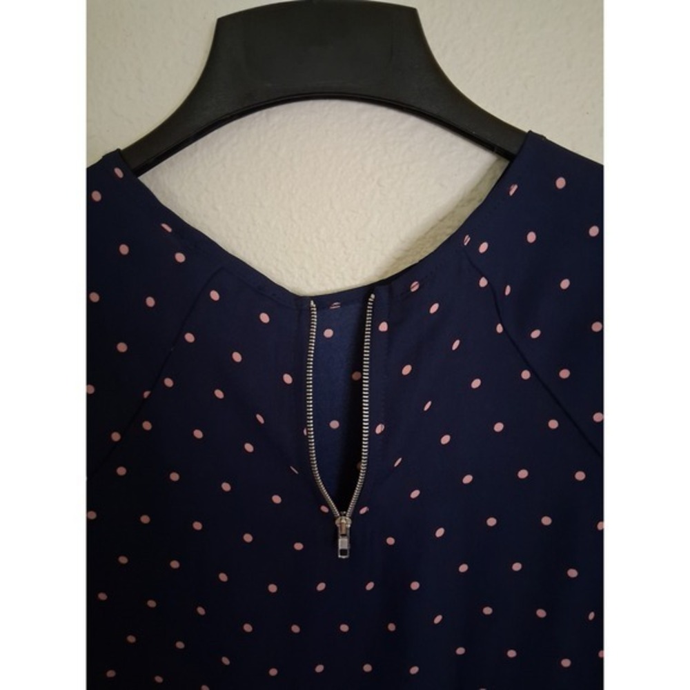 Papermoon Navy Pink Polka Dot High-Low Blouse Short Sleeve Zip Back CT1987-SS S - Picture 7 of 9